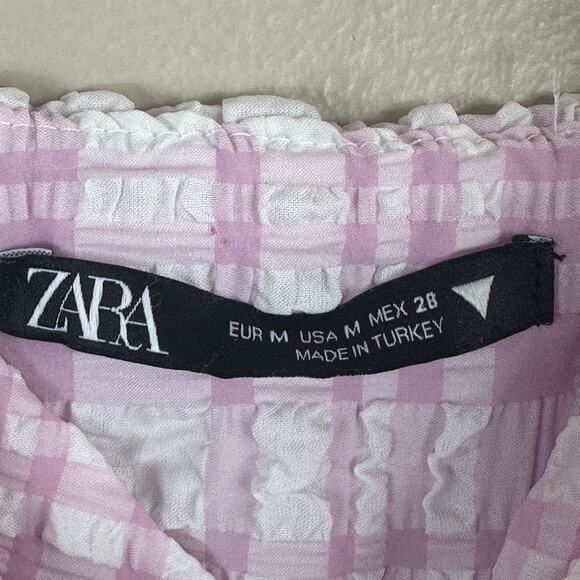 Zara Mini Dress Womens M Pink Plaid Sleeveless Cutout Y2K Seersucker Coquette - Picture 6 of 7